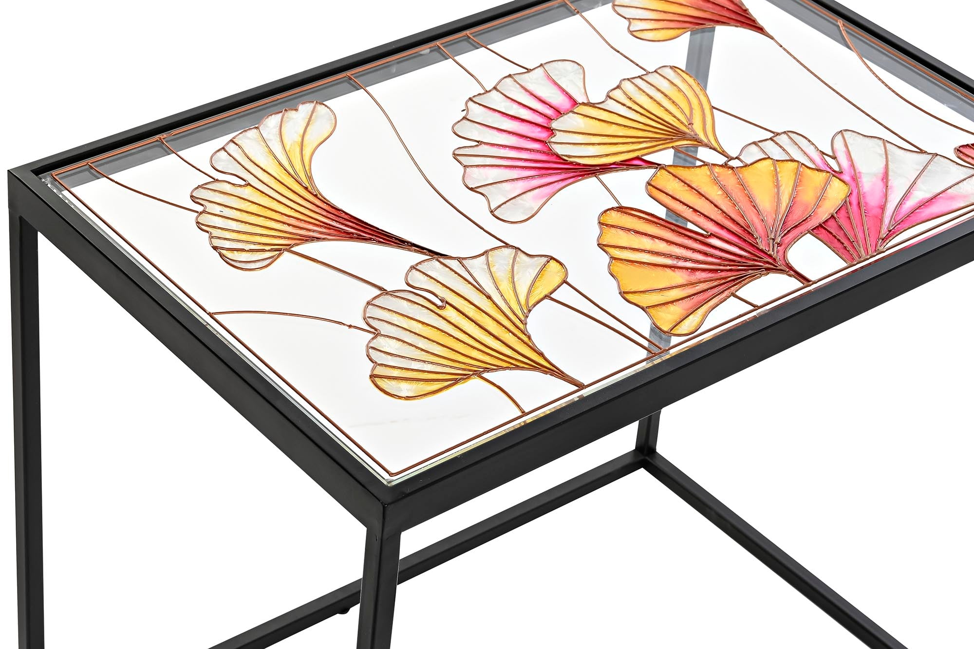 Mesita Auxiliar Set 3 Metal Cristal 60X40X50 Hojas