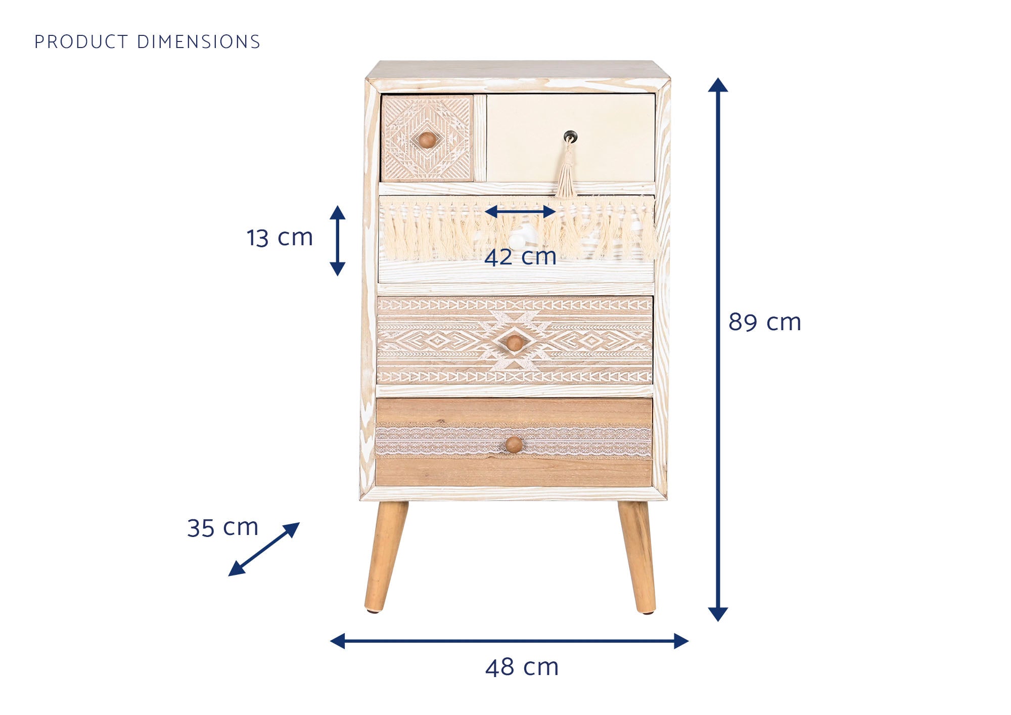 Fir Cotton Chest of Drawers 48x35x89 White
