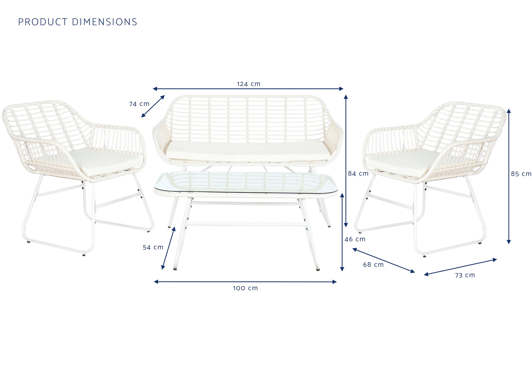 Conjunto de 4 sofás de vime sintético 124x74x84 com almofadas