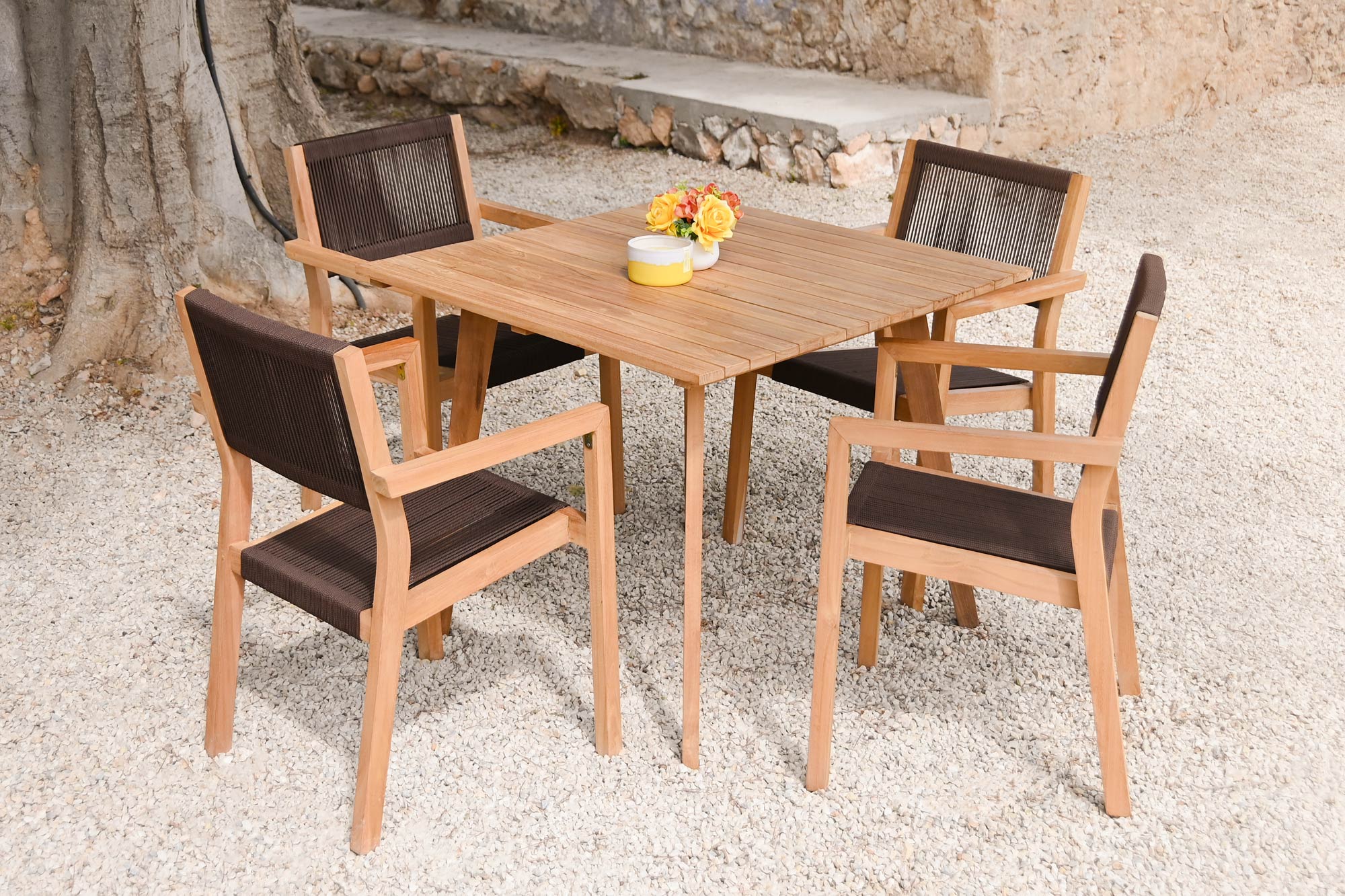 Conjunto de Mesa 5 Corda de Teca 90X90X75 54X56X84 Marrom