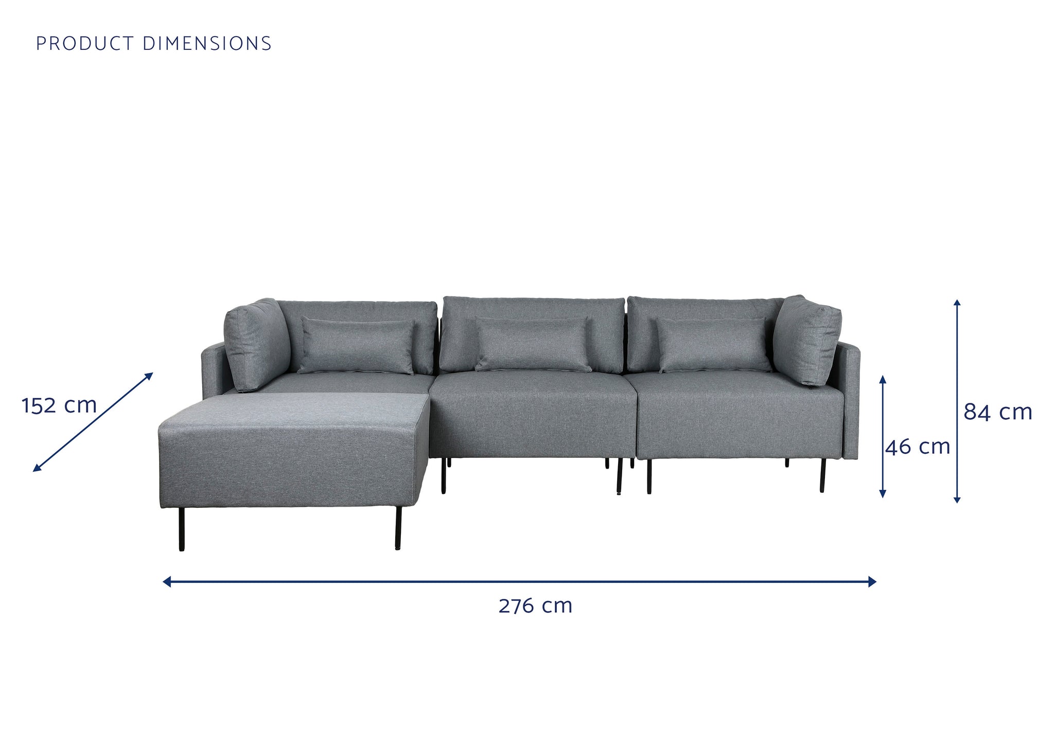 Sofá de metal de poliéster 276 x 152,5 x 84 cinza