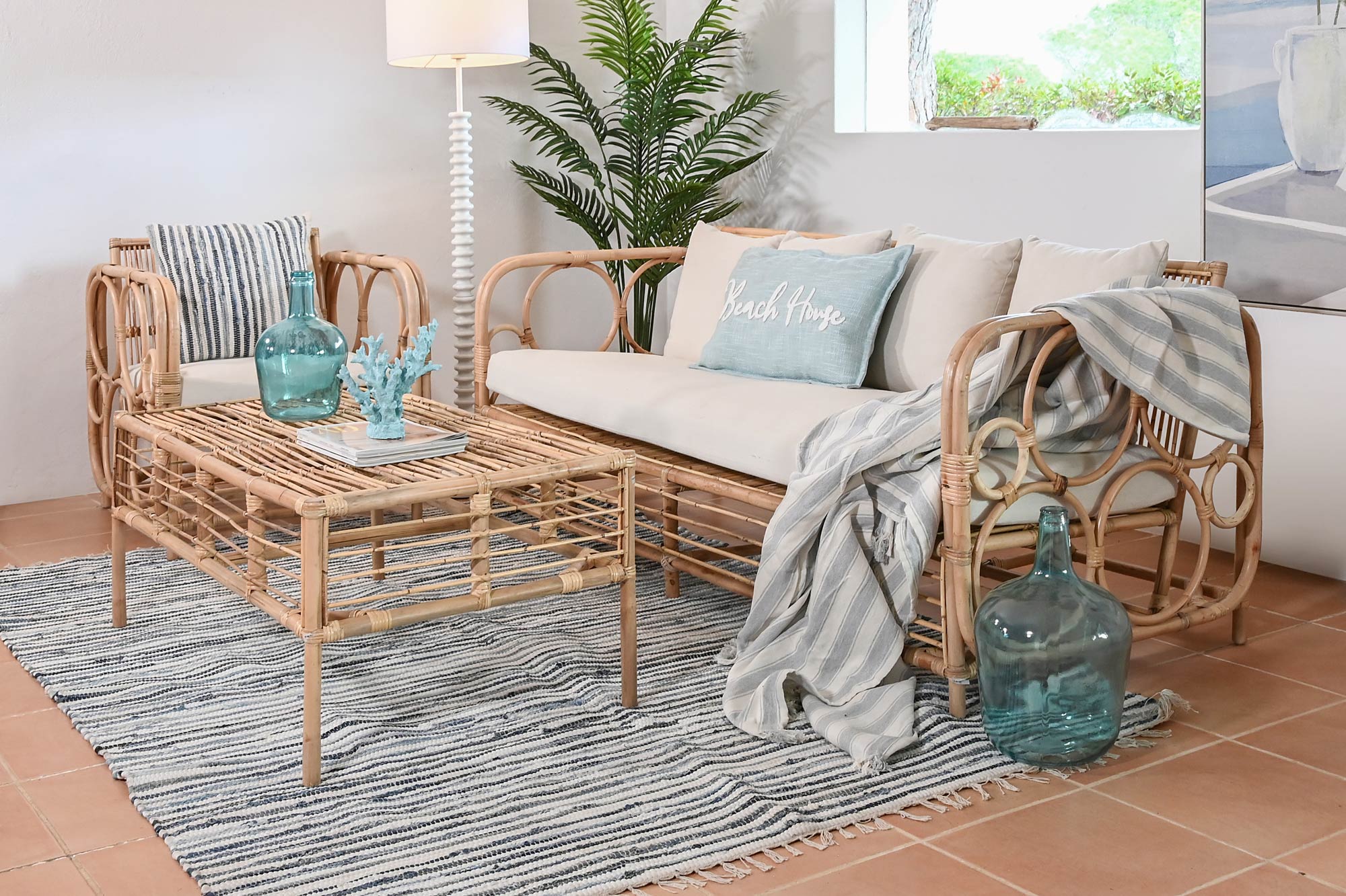 Sofá de algodão rattan 195x72x78 com almofadas de algodão N