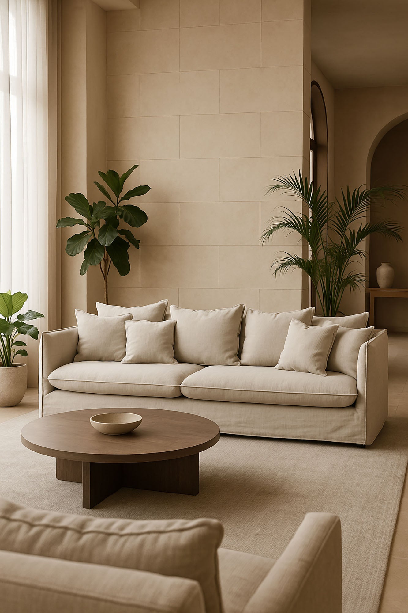 Sofá de linho 260x110x86 com 7 almofadas bege