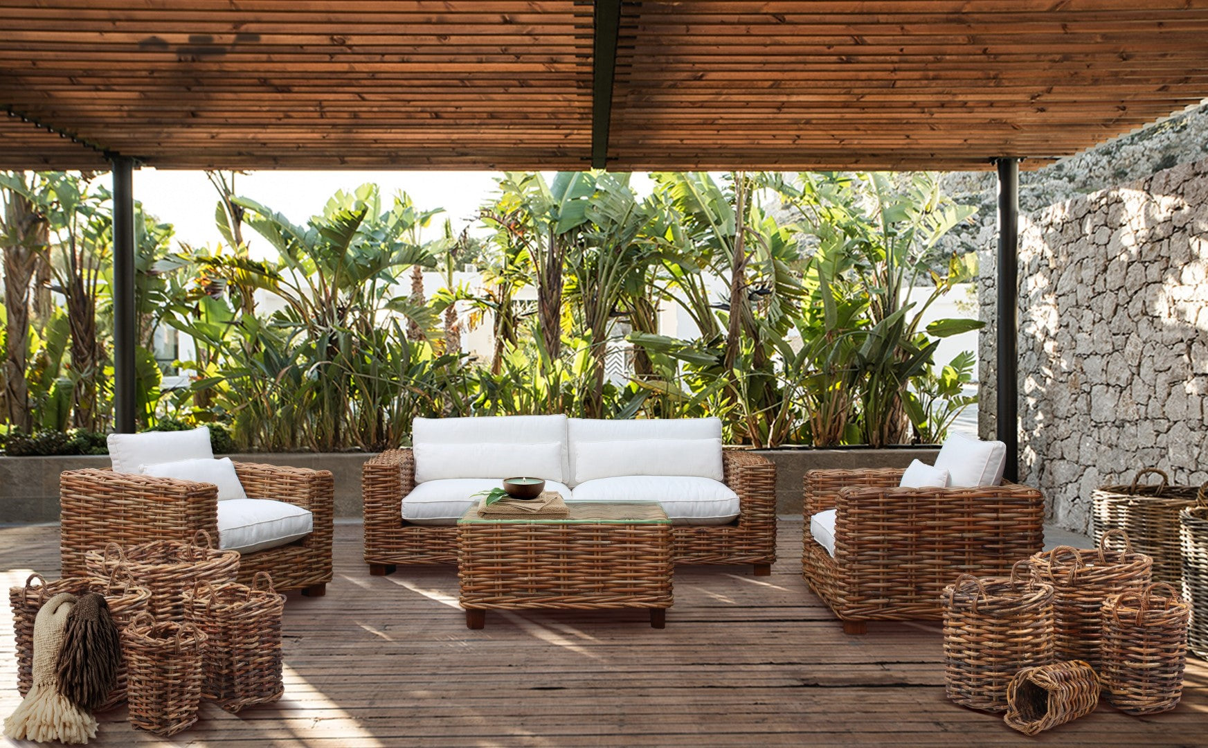 Sofa Set 4 Rattan 220X98X64 Includes Cushions Natural
