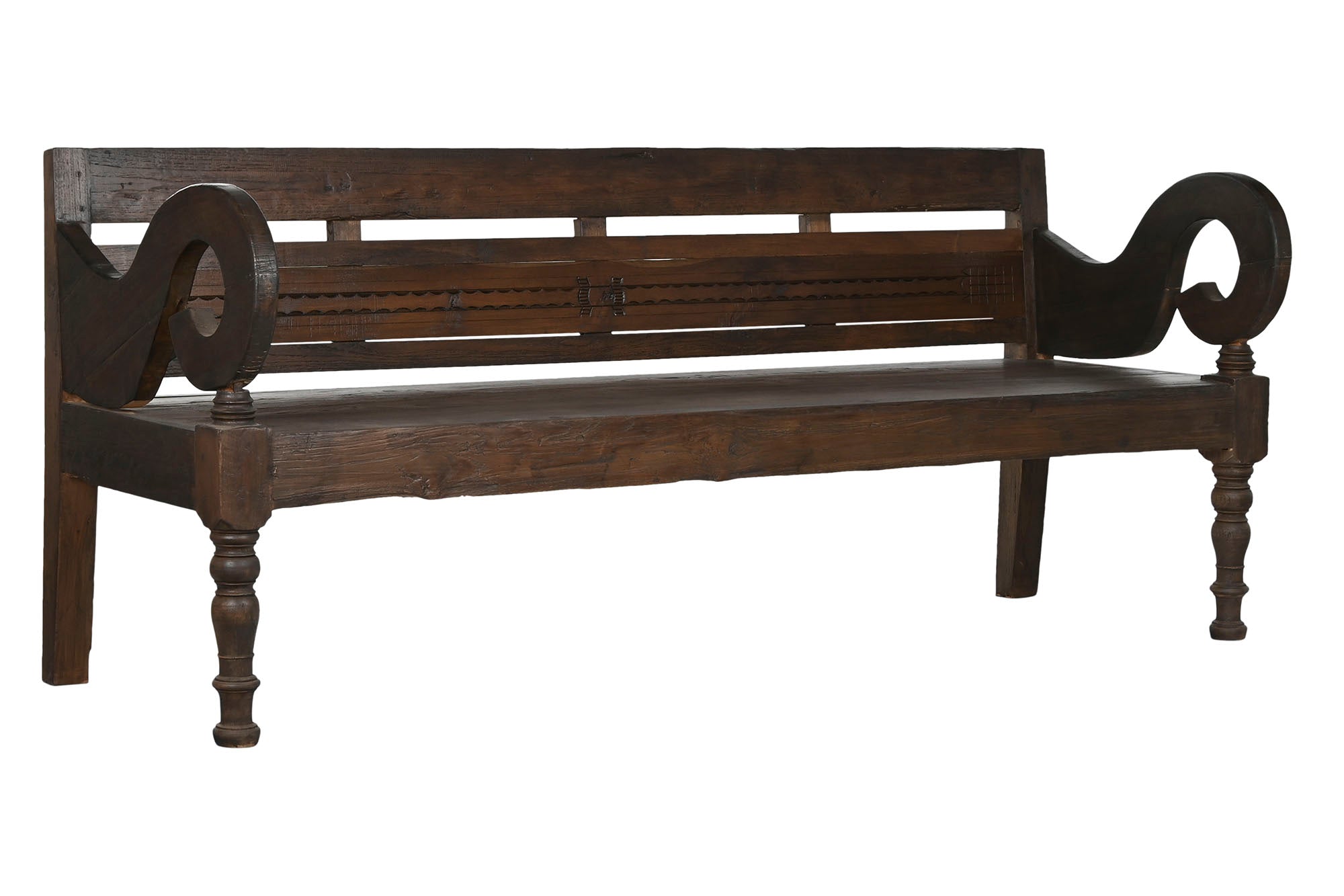 Banco Teca Maciza 196X60X82 Tallado Marron Oscuro