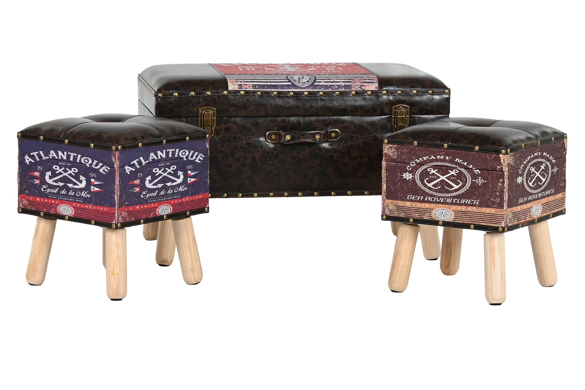 Baul Set 3 Madera Pu 70X40X45 Vintage Multicolor