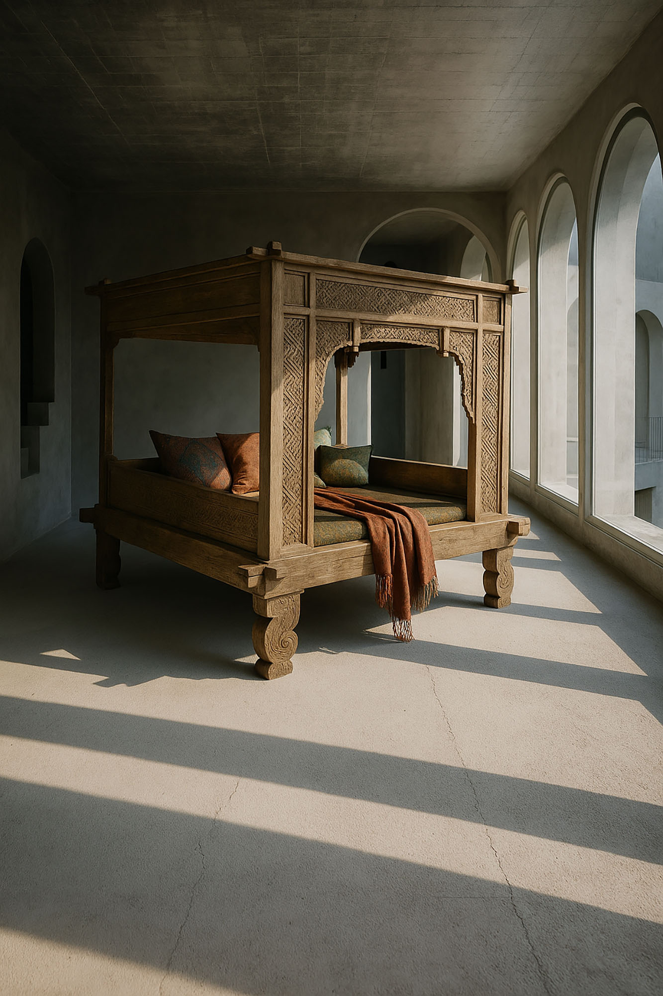 Cama Con Dosel Teca 225X160X206 Tallada Decape