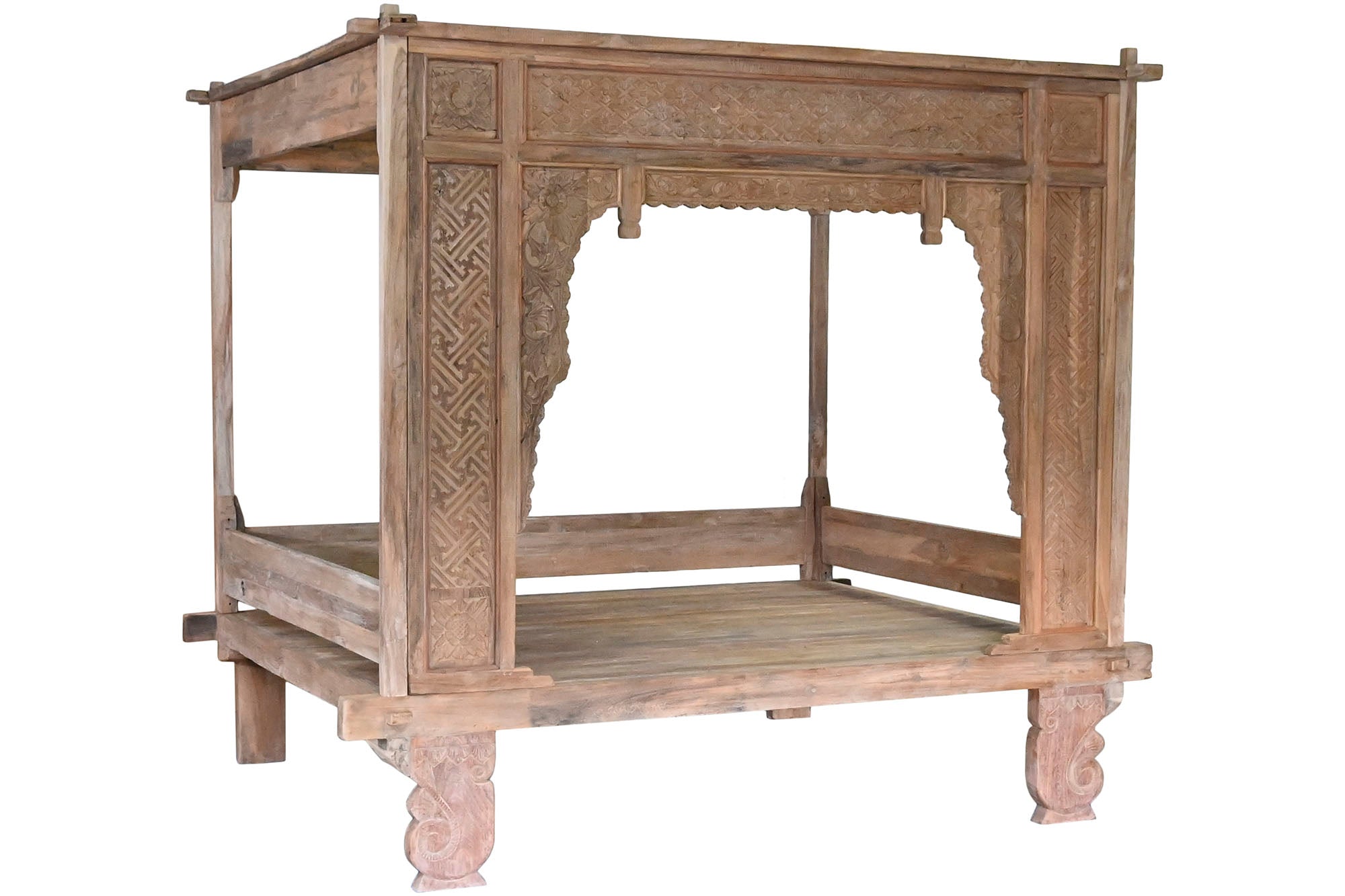 Cama Con Dosel Teca 225X160X206 Tallada Decape