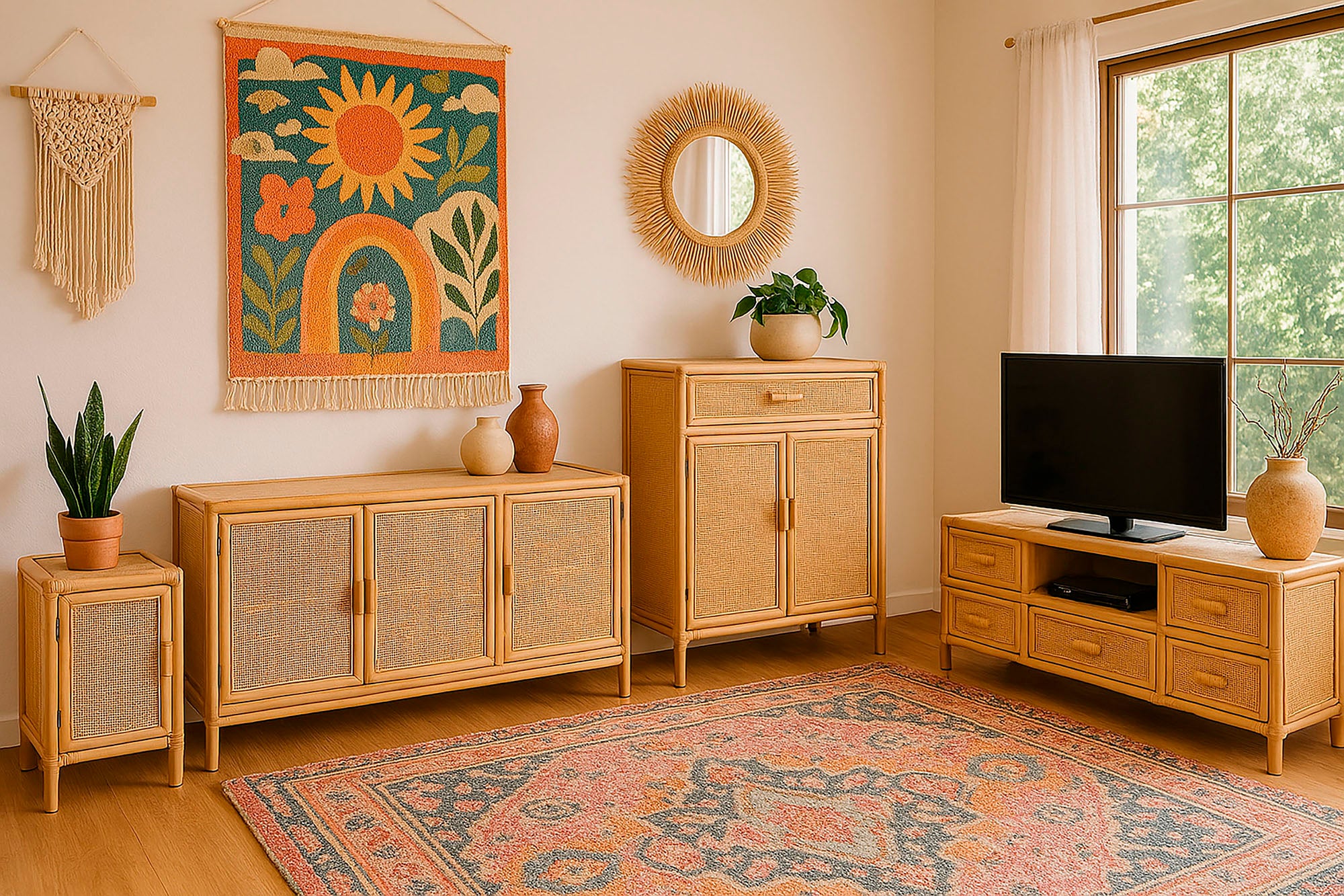 Mueble Tv Abeto Ratan 120X30X45 5 Cajones Natural