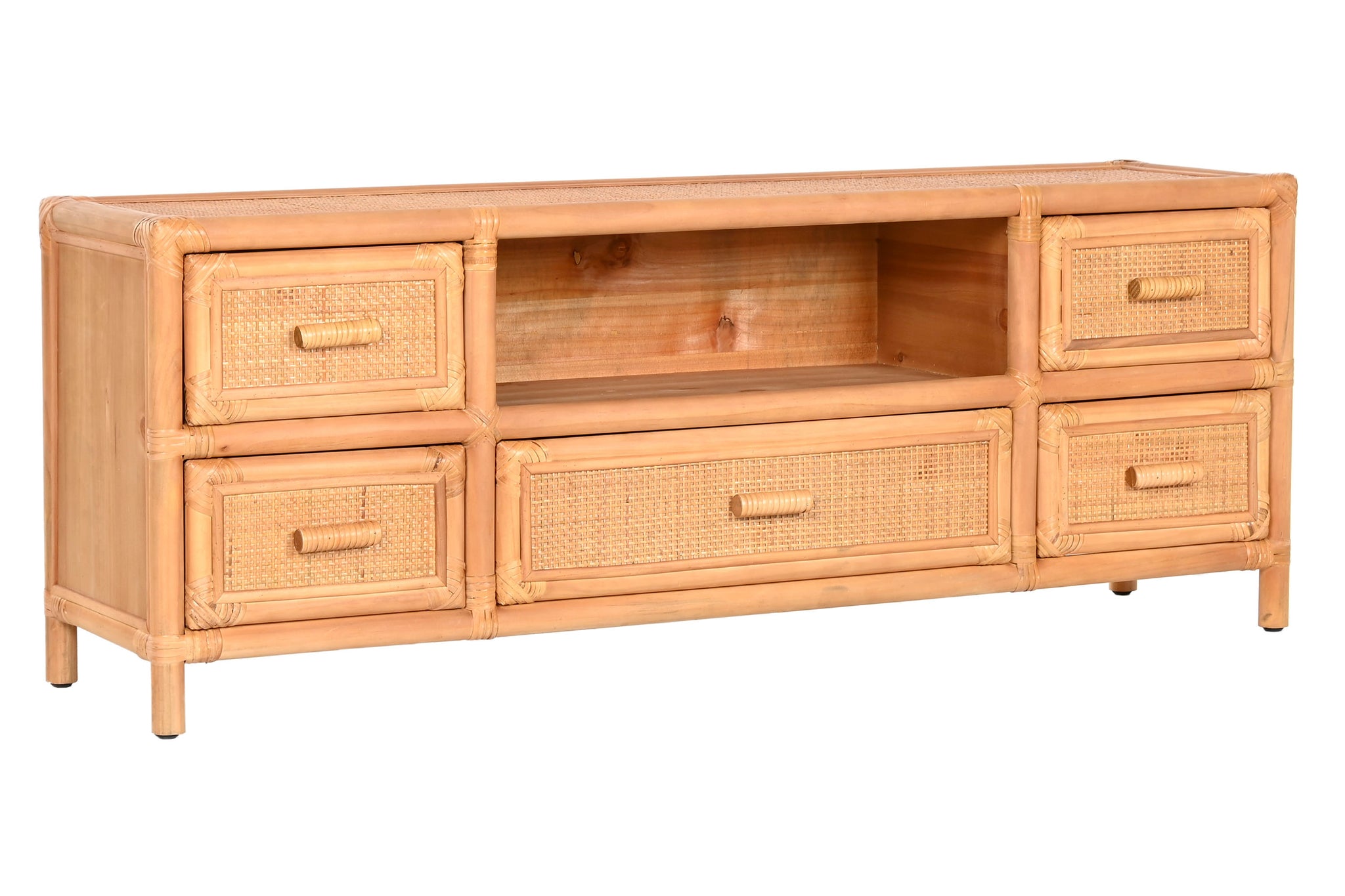 Mueble Tv Abeto Ratan 120X30X45 5 Cajones Natural
