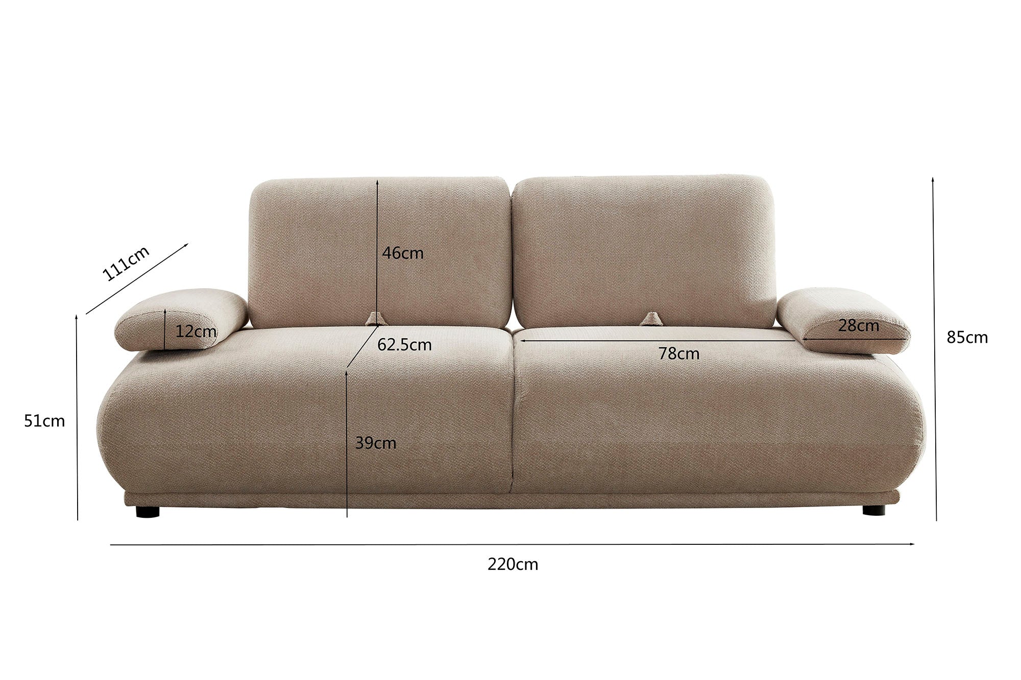 Sofa Poliester 220X111X85 Respaldo Y Brazos Abatib