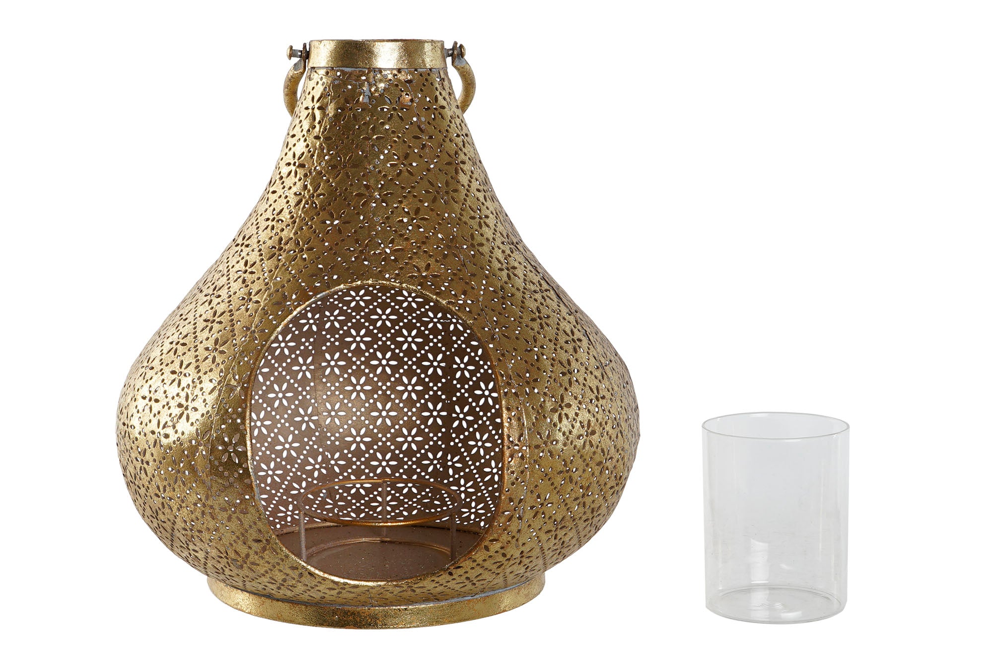 Porta-velas de vidro e metal 25x25x26,5 dourado