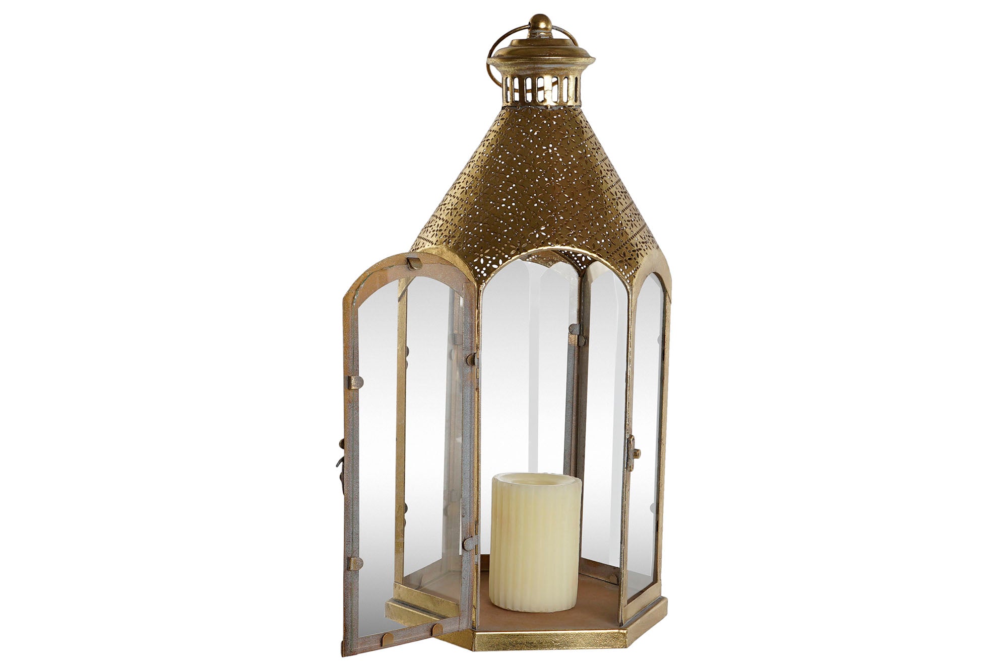 Porta-velas de vidro e metal 23X23X48 dourado