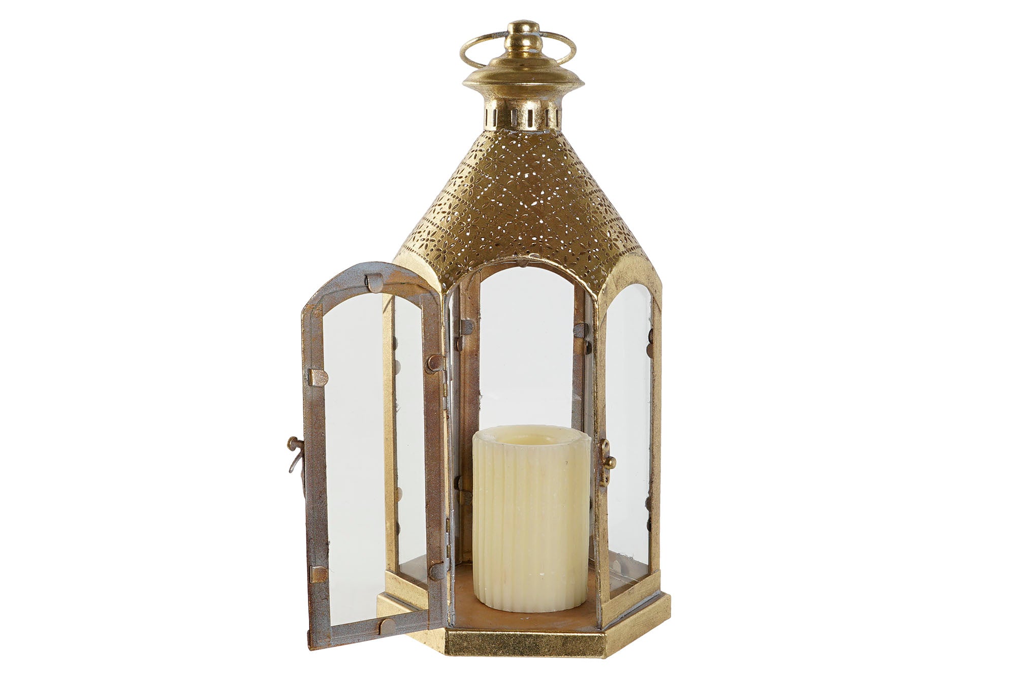 Porta-velas de vidro e metal 18x18x35,5 dourado