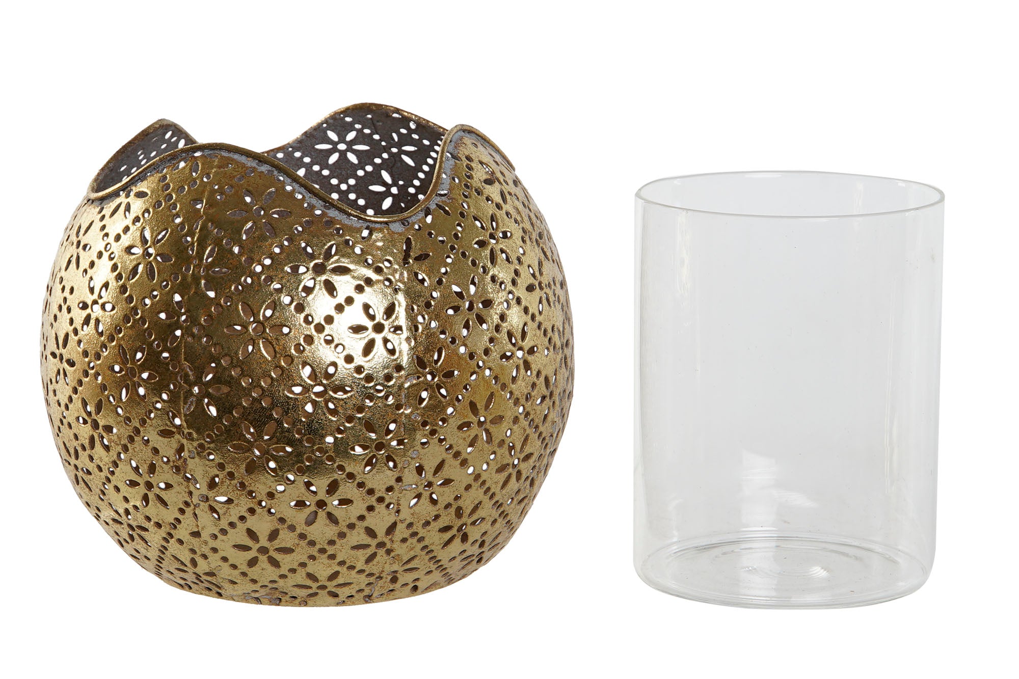 Porta-velas de vidro e metal 13,5x13,5x11,5 dourado