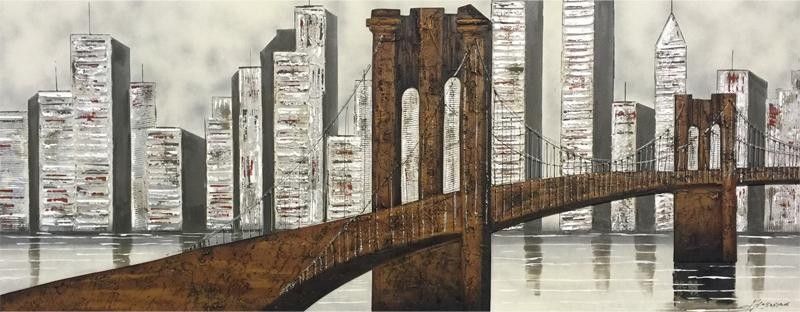 Cuadro original pintado a mano con puente New York en relieve.